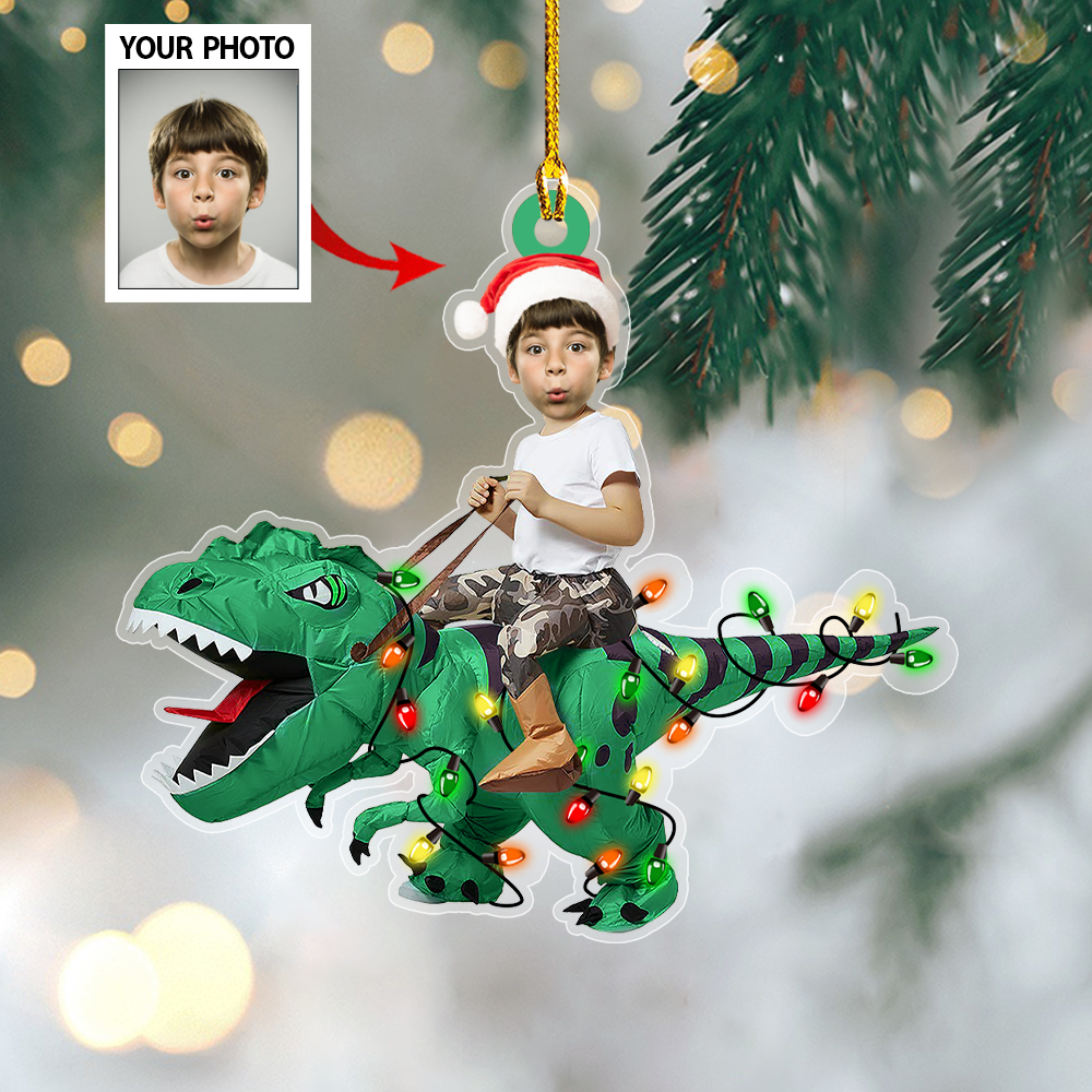 Personalized Photo Cute Kid Rides The Dinosaurus Christmas Light Ornament SO0945