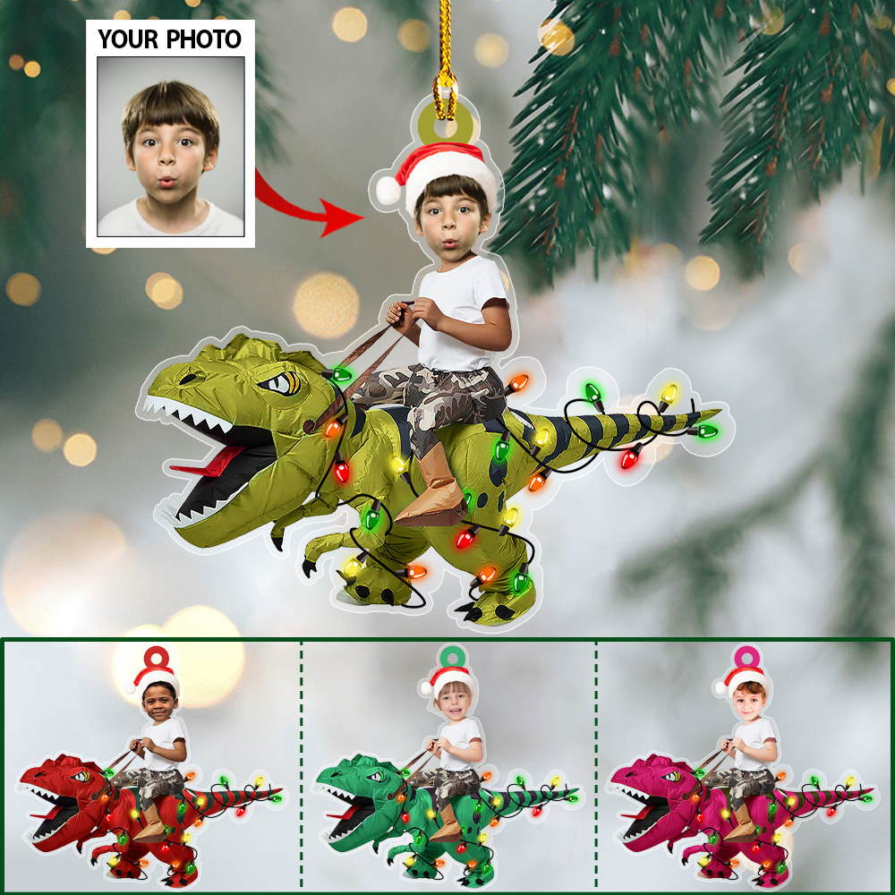 Personalized Photo Cute Kid Rides The Dinosaurus Christmas Light Ornament SO0945