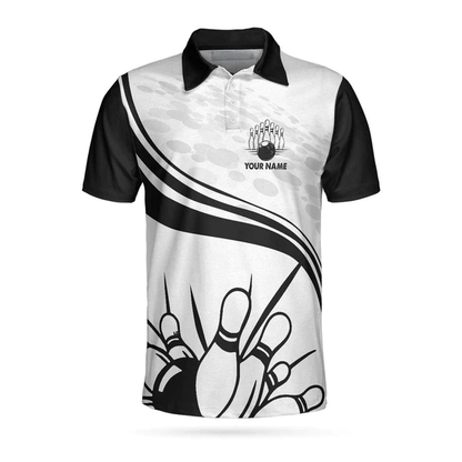 Personalized Bowling In Black Custom Polo Shirt, Black And White Custom Bowling Shirt For Bowling Players Lasfour SO1063