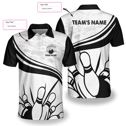 Personalized Bowling In Black Custom Polo Shirt, Black And White Custom Bowling Shirt For Bowling Players Lasfour SO1063