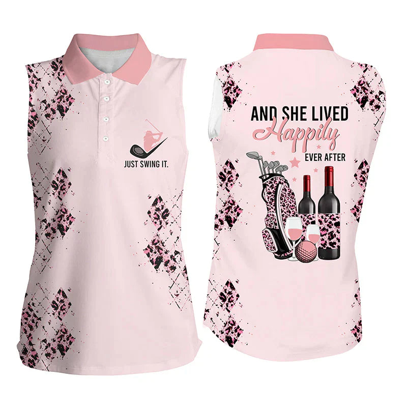 Pink leopard Womens sleeveless polo shirt, golf wine just swing it and she lived happily ever after SO1002