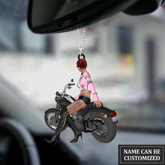 Personalized Flat Acrylic Car Ornament For Female Biker, Woman Biker Car Hanging Ornament OO0138