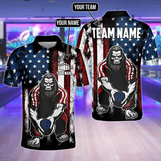 Lasfour American Flag Bigfoot Bowling Customized Name And Team Name 3D Polo Shirt, Shirt for Bowling Players SO0691