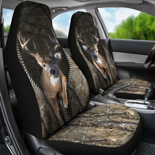 3D All Over Printed Deer Hunting Zipper Camo Car Seat Covers, Front Carseat Cover With Deer Hunting SO0141