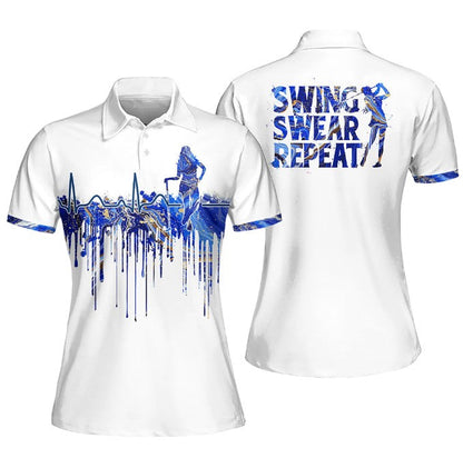 Blue Marble Swing Swear Repeat Sleeveless Polo Shirt, Women Golf Shirt SO1334