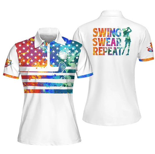 Womens Golf Polo Shirt, American Flag Watercolor Swing Swear Repeat Vintage Women Golf Shirt, Short Sleeve Polo Shirt For Women SO0791