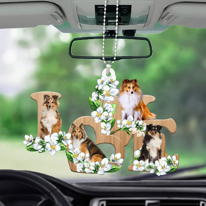 Shetland Sheepdog Love Flowers Dog Lover Car Hanging Ornament Auto Interior Decor OO0871