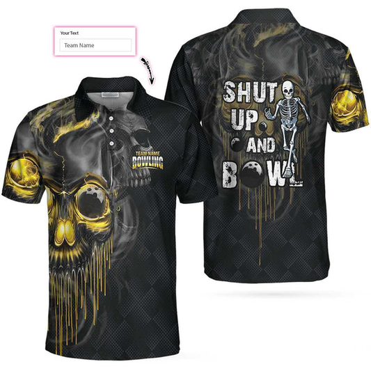 Shut Up And Bowl Golden Skull Custom Polo Shirt, Black Skull Bowling Shirt With Sayings, Personalized Bowling Gift Lasfour SO0766