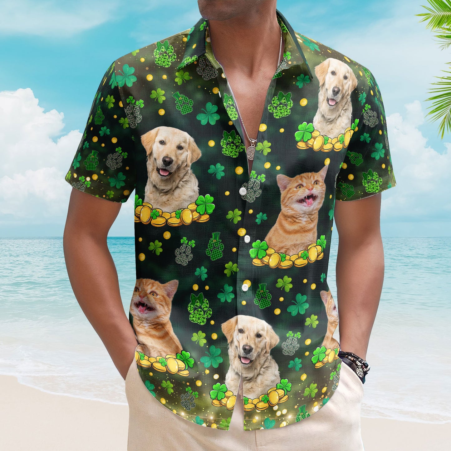 St.Patrick's Day Shamrock Paws Custom Funny Pet Face - Custom Photo Hawaiian Shirts HA0063