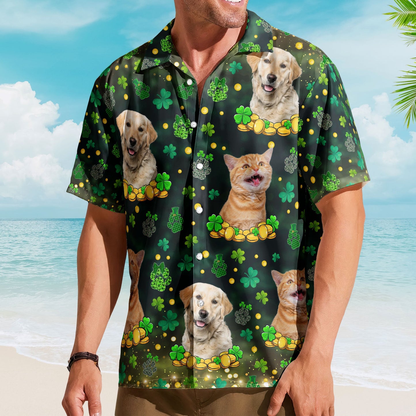 St.Patrick's Day Shamrock Paws Custom Funny Pet Face - Custom Photo Hawaiian Shirts HA0063