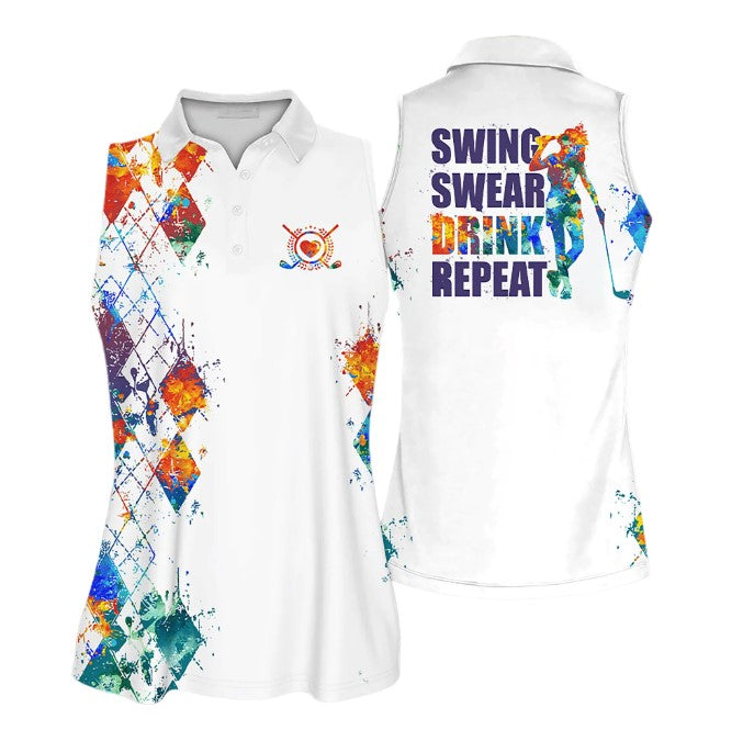 Swing Swear Drink Repeat Funny Golf Short Sleeve Polo Shirt, Golf shirt, Gift for golf lover SO1010