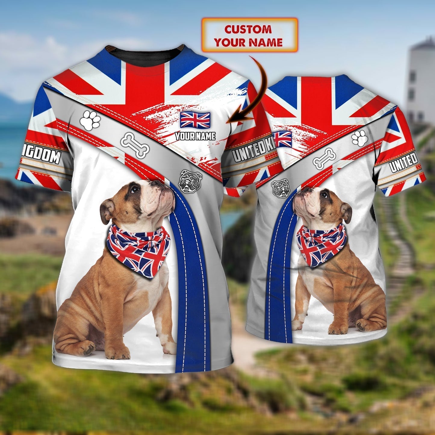 Personalized Name 3D Tshirt Bulldog With UK Flag Pattern TO1124