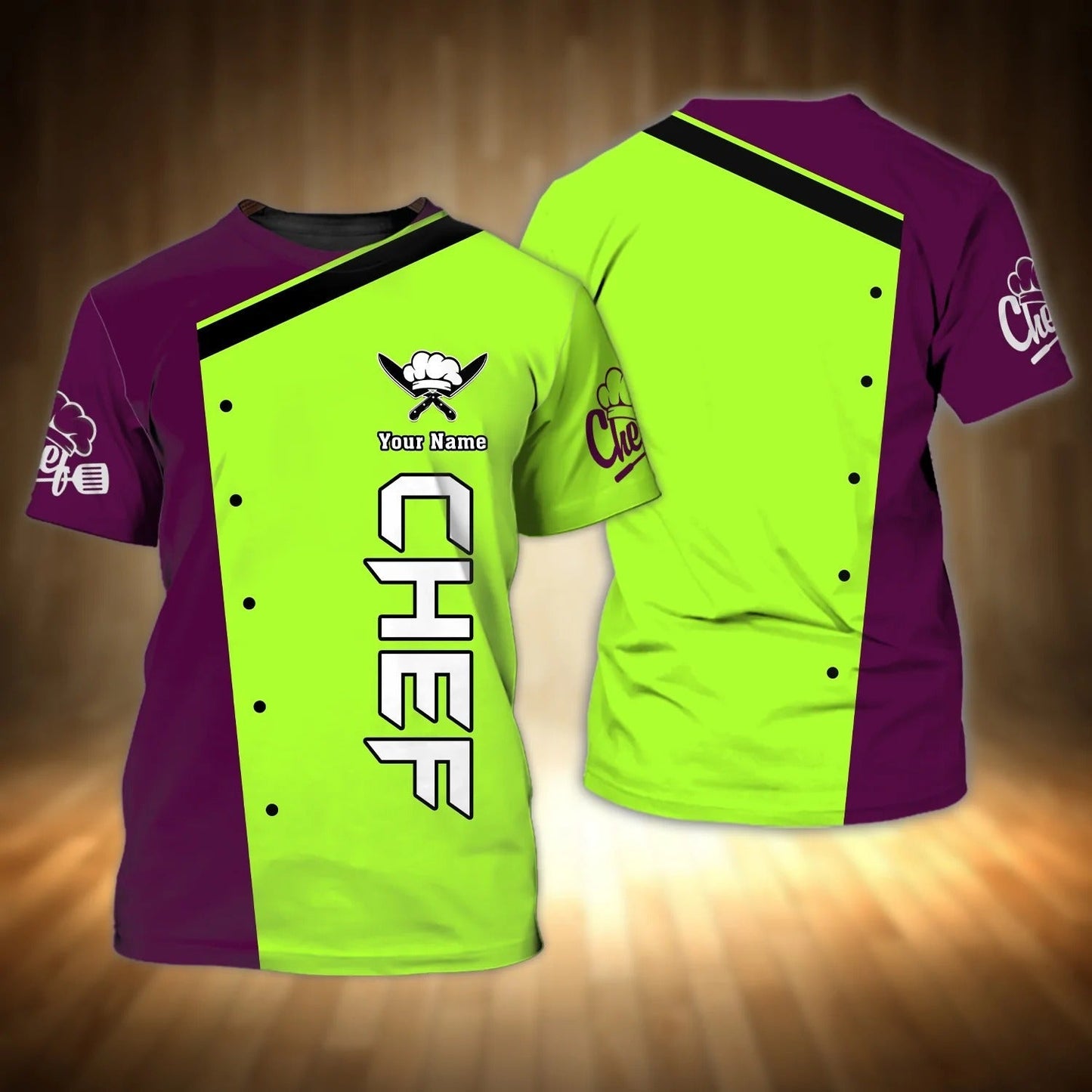 Personalized Master Chef Tshirt, Neon Green And Eggplant Purple 3D All Over Print Chef Shirt TO2696