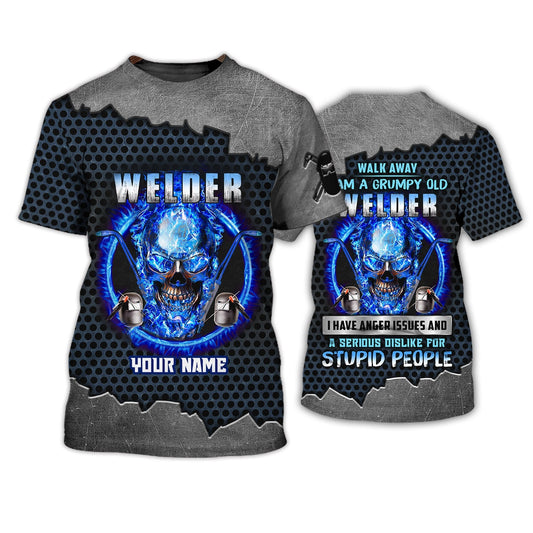 Grumpy Old Welder 3D Shirts Personalized Name, Skull On Blue Fire Welder Shirt TO3128