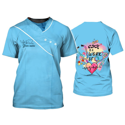 Customized 3D Blue Nursing Shirt Cna Is A Work Of Heart T Shirt Men Women TO1884