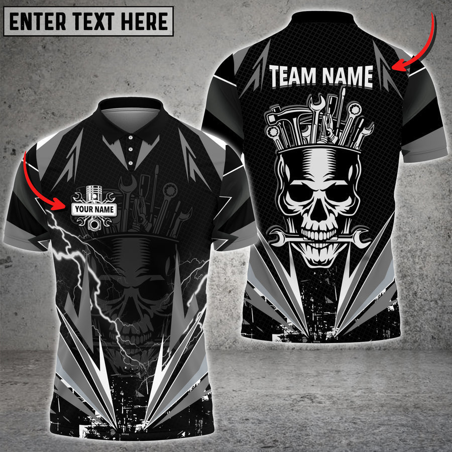 Auto Mechanic Thunder Skull Custom Name Multi Color Printed 3D Polo Shirt TO3492