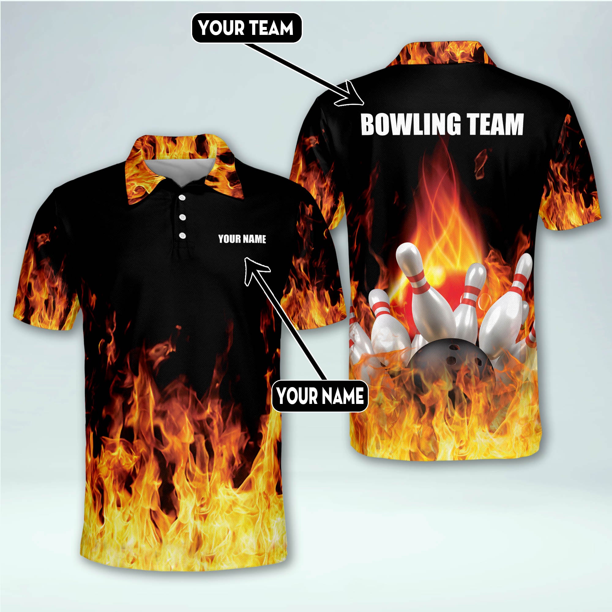 Custom Bowling Polo Shirts For Men And Women Flame Bowling Shirt Custom Bowling Team Shirts 6069