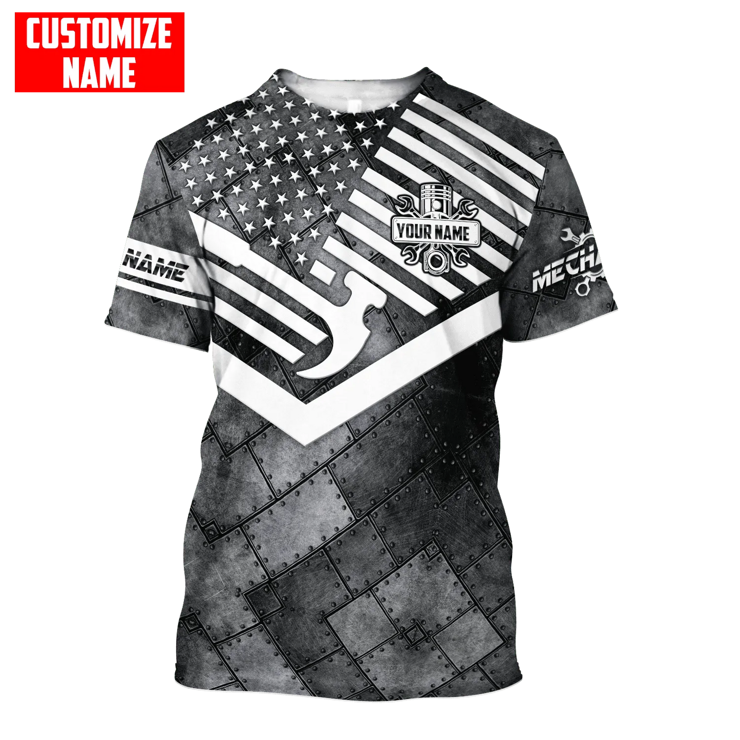 Custom With Name 3D Mechanic Tshirt American Flag Metal Pattern USA Mechanic Gifts TO1741