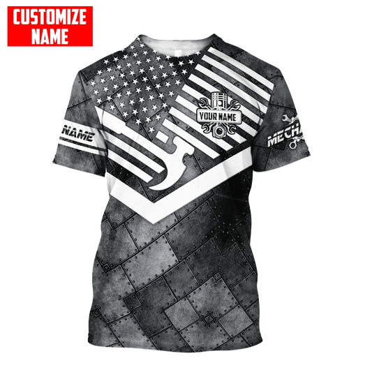 Custom With Name 3D Mechanic Tshirt American Flag Metal Pattern USA Mechanic Gifts TO1741