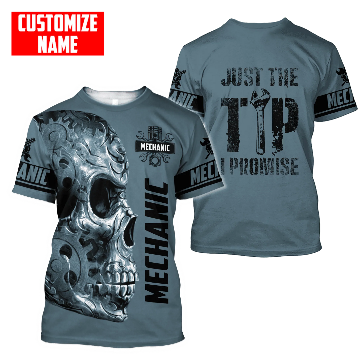 Personalized Name Mechanic Skull Tshirt Just The Tip I Promise Unisex Shirts Blue TO1730