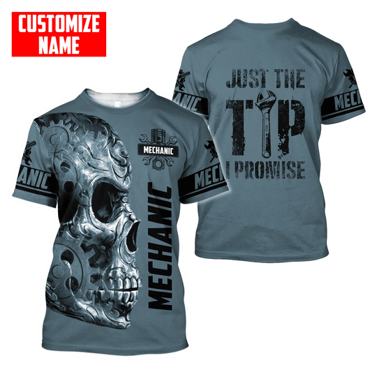 Personalized Name Mechanic Skull Tshirt Just The Tip I Promise Unisex Shirts Blue TO1730