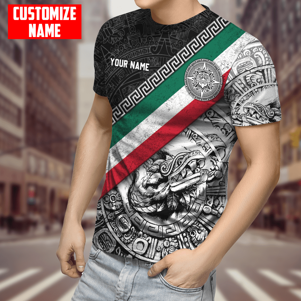 Personalized Mexican T-Shirt, Mexico Aztec Line Quetzalcoatl Pattern Shirt, Custom Name Mexico Flag 3D Shirt TO3030