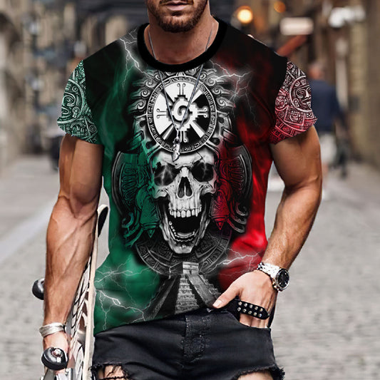 Mexican Maya Hunab Ku Skull 3D All Over Printed T-Shirt, Skull Shirt, Mexico Flag Shirt TO3035