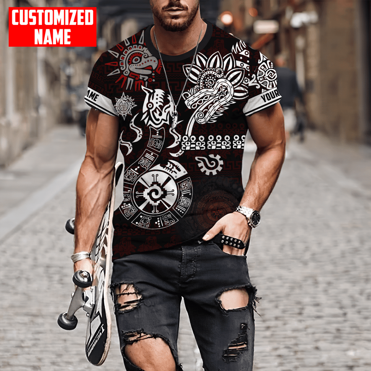 Customized Mexican T-Shirt, Personalized Aztec Mayan Quetzalcoatl Tattoo T-shirt TO3036