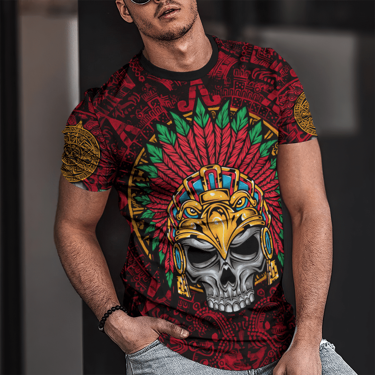 Lasfour Aztec Eagle Warrior Skull All Over Printed Combo T-Shirt, Skull Mexico T-Shirt TO3034