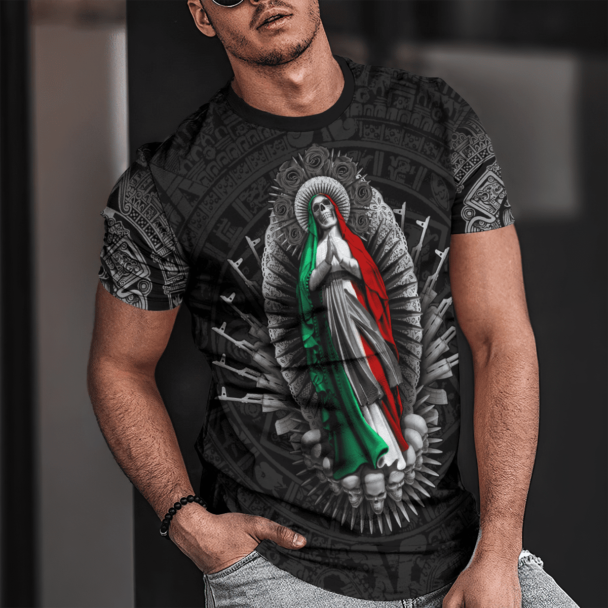 3D All Over Print Mexico Aztec T-Shirt, Aztec Skull Maria With Gun Skull Unisex Shirt TO3044