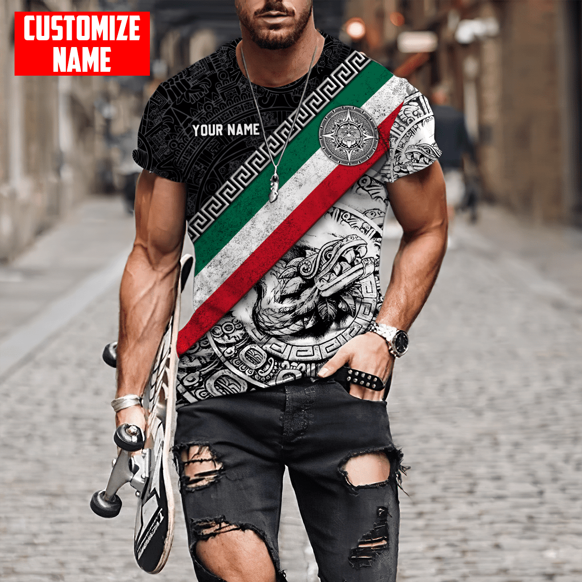 Personalized Mexican T-Shirt, Mexico Aztec Line Quetzalcoatl Pattern Shirt, Custom Name Mexico Flag 3D Shirt TO3030