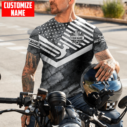 Custom With Name 3D Mechanic Tshirt American Flag Metal Pattern USA Mechanic Gifts TO1741