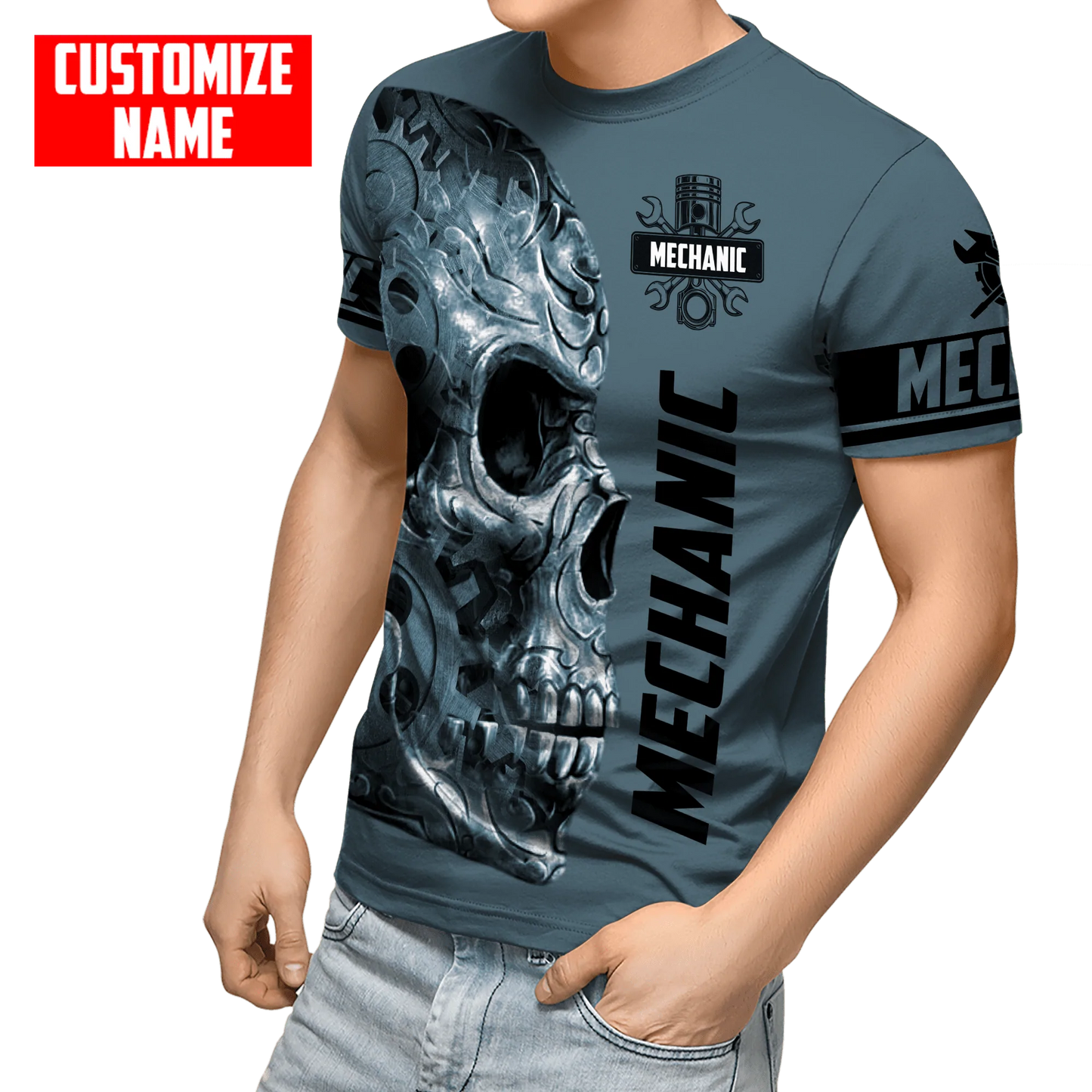 Personalized Name Mechanic Skull Tshirt Just The Tip I Promise Unisex Shirts Blue TO1730