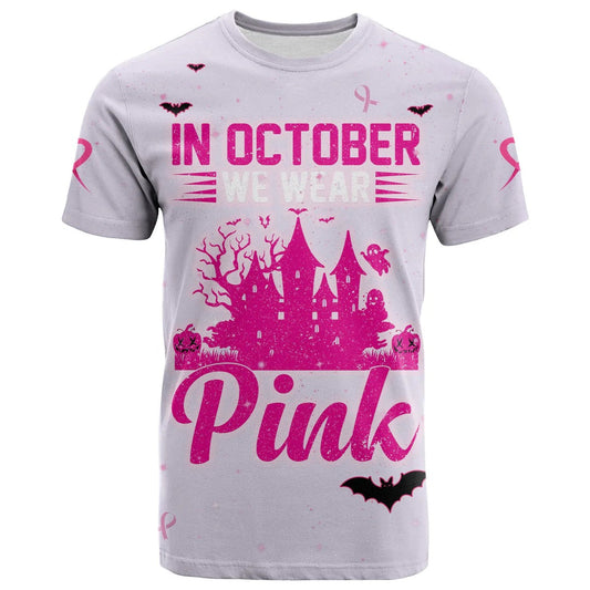 3D All Over Print Breast Cancer T Shirt In October We Wear PINK Halloween Castle Pink TO2587