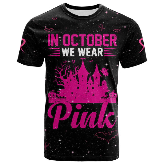 3D All Over Print Breast Cancer T Shirt In October We Wear PINK Halloween Castle Black TO2586