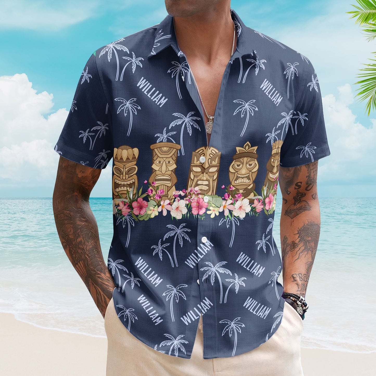 Tiki Hibiscus Custom Name Aloha Shirts Family Gift For Men - Custom Hawaiian Shirts HA0096