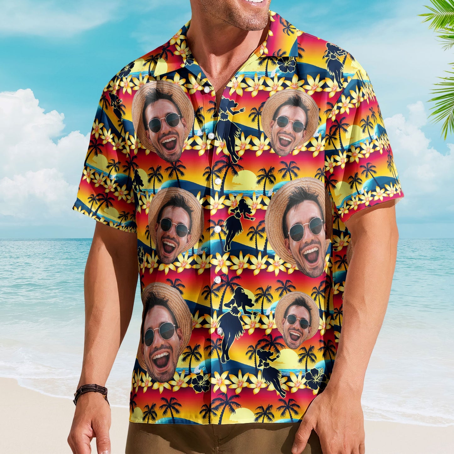 Tropical Beach Sence Hula Dance Sunset Aloha Shirts - Custom Photo Hawaiian Shirts HA0100