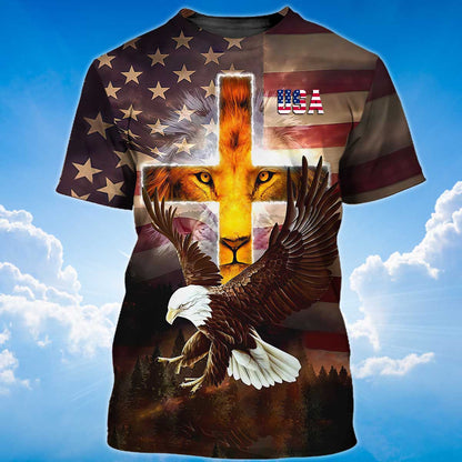 3D All Over Printed Lion Cross T Shirt Eagle And Usa Strong Shirt For Patriotic Day TO1412