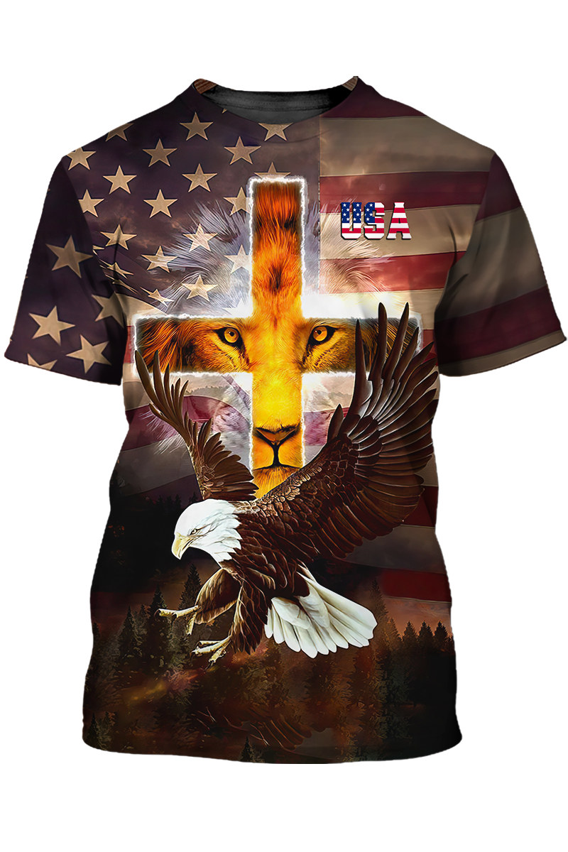 3D All Over Printed Lion Cross T Shirt Eagle And Usa Strong Shirt For Patriotic Day TO1412