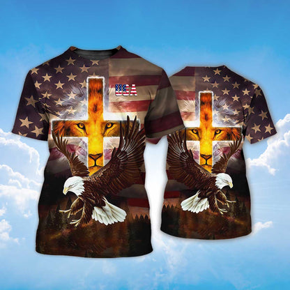 3D All Over Printed Lion Cross T Shirt Eagle And Usa Strong Shirt For Patriotic Day TO1412