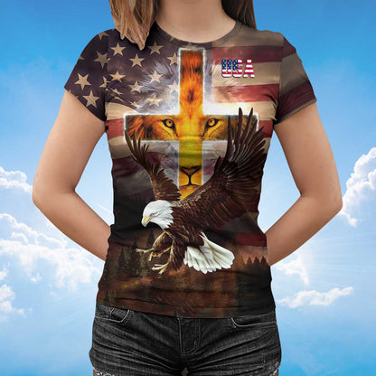 3D All Over Printed Lion Cross T Shirt Eagle And Usa Strong Shirt For Patriotic Day TO1412