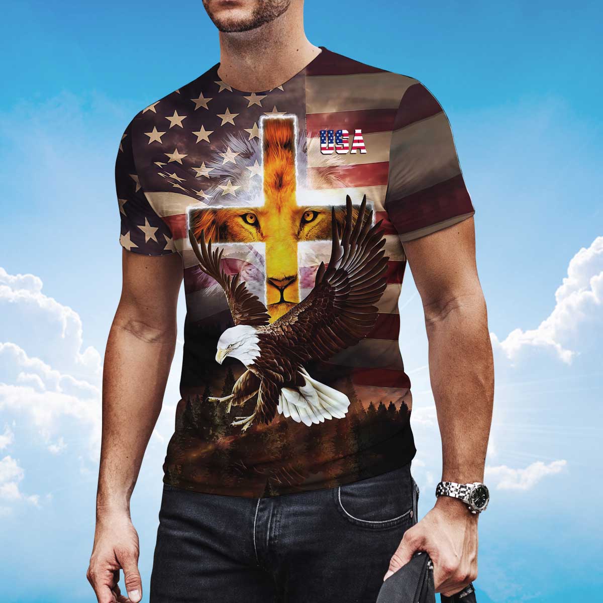 3D All Over Printed Lion Cross T Shirt Eagle And Usa Strong Shirt For Patriotic Day TO1412