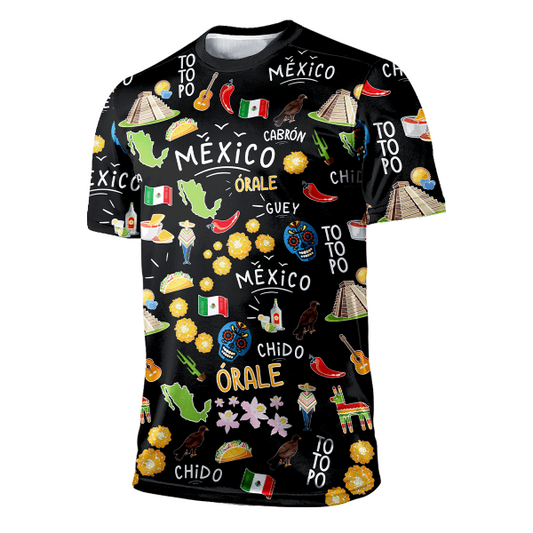 Black 3D All Over Print Mexico T-Shirt, Mexico Tradition Negra Pattern for Men Women T-Shirt TO3069