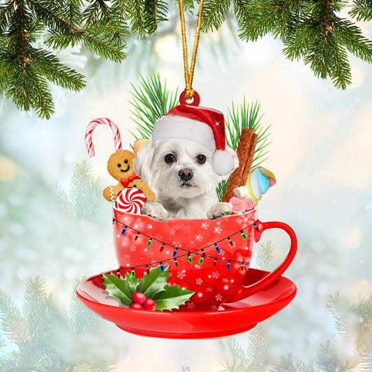 WHITE Maltese In Cup Merry Christmas Ornament Flat Acrylic Dog Ornament SO1209