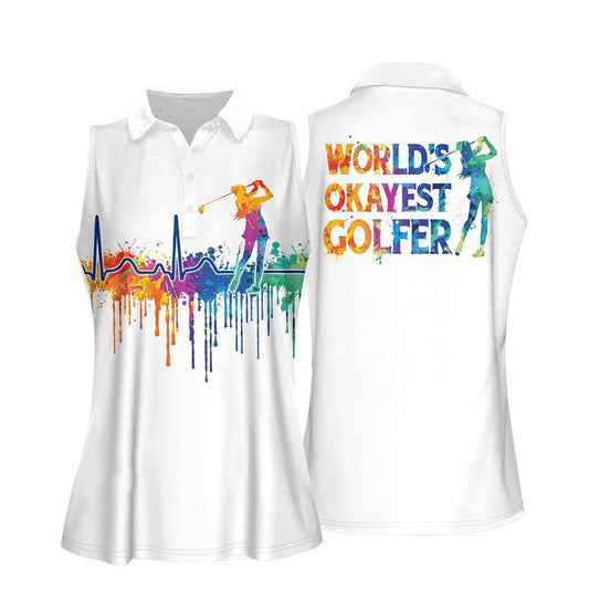 Watercolor Golf Heart Beat Worlds Okayest Golfer Women Sleeveless Polo Shirt SO1344