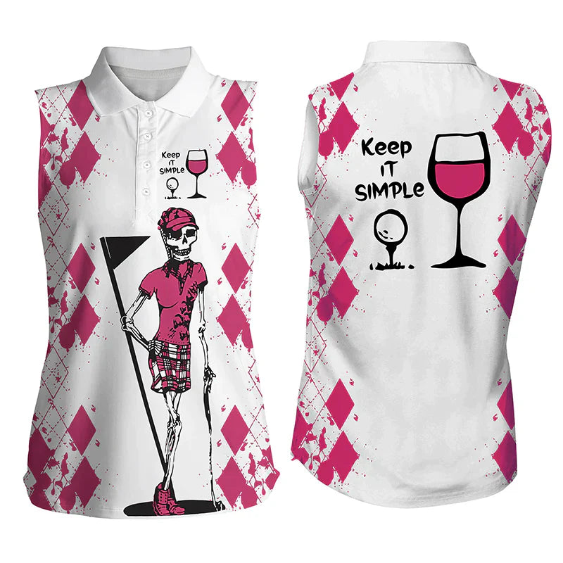 White Pink womens golf shirt, skull keep it simple Golf & wine Women's sleeveless golf polo shirt SO1324