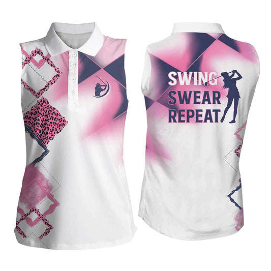 Womens sleeveless polo shirt pink leopard pattern swing swear repeat white golf shirt SO1325