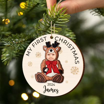 Custom Photo Baby's First Christmas Costumes - Personalized 2-Layered Wooden Ornament, Baby First Christmas Ornament 2024 ON0014