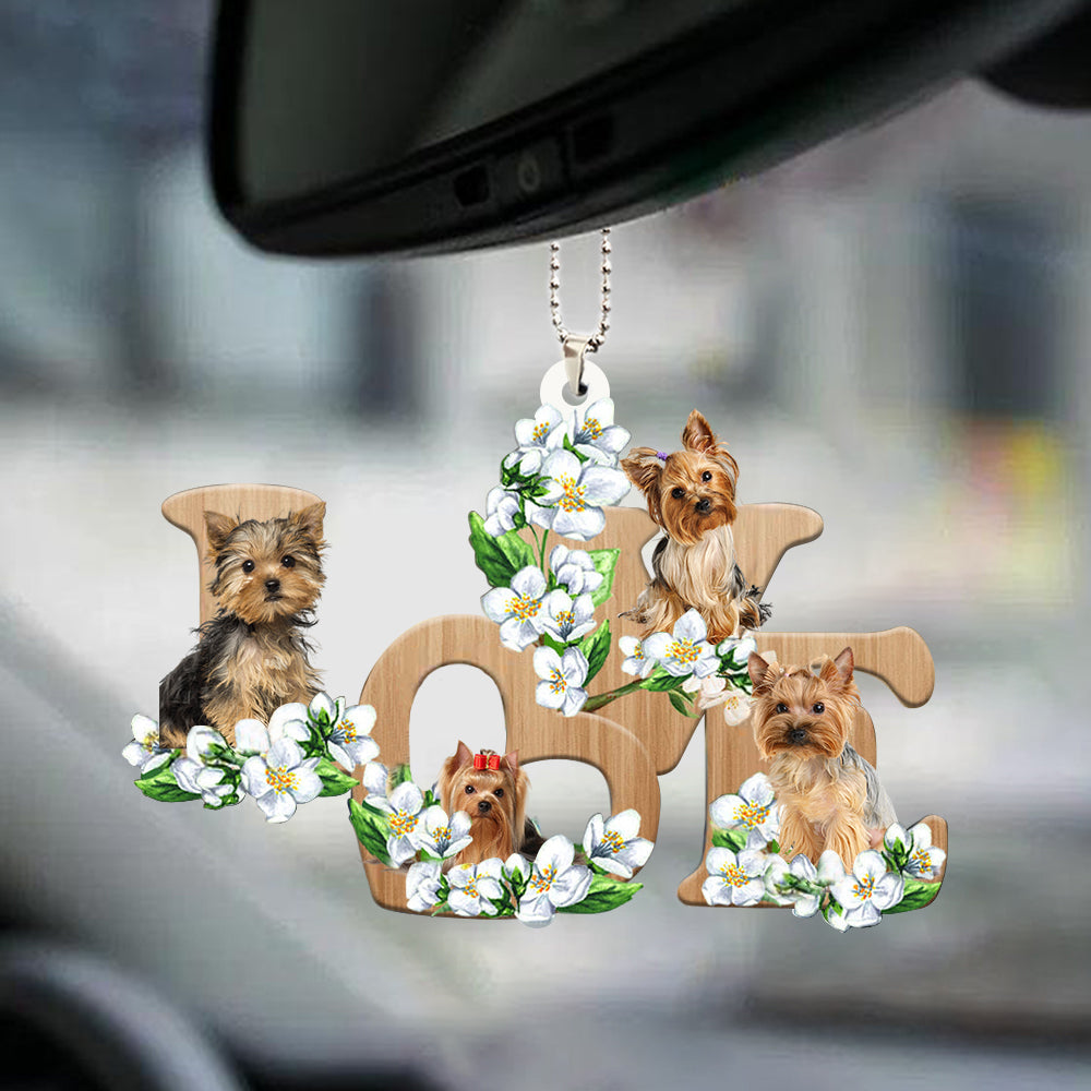 Yorkshire Terrier Two Sides Ornaments Yorkie Love Flowers Dog Lover Car Hanging Ornament OO0866