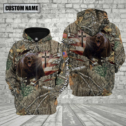 Bear Hunting Camo Custom Name 3D Hoodie, Personalized American Flag Bear Hunting Shirts 3D0007